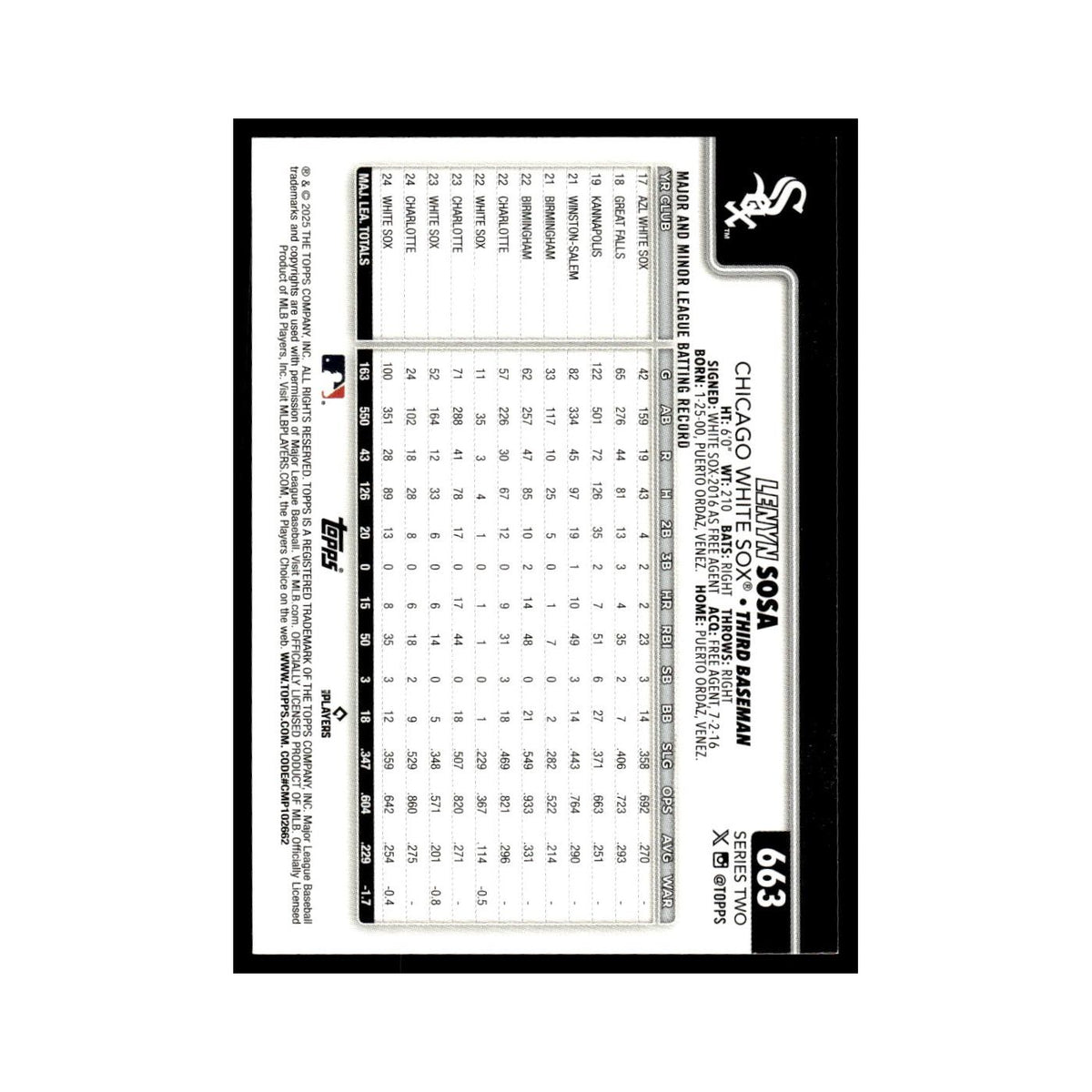 2025 Topps Lenyn Sosa White Sox #663
