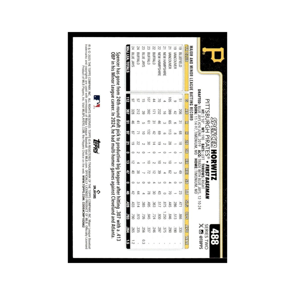 2025 Topps Spencer Horwitz Pirates #488