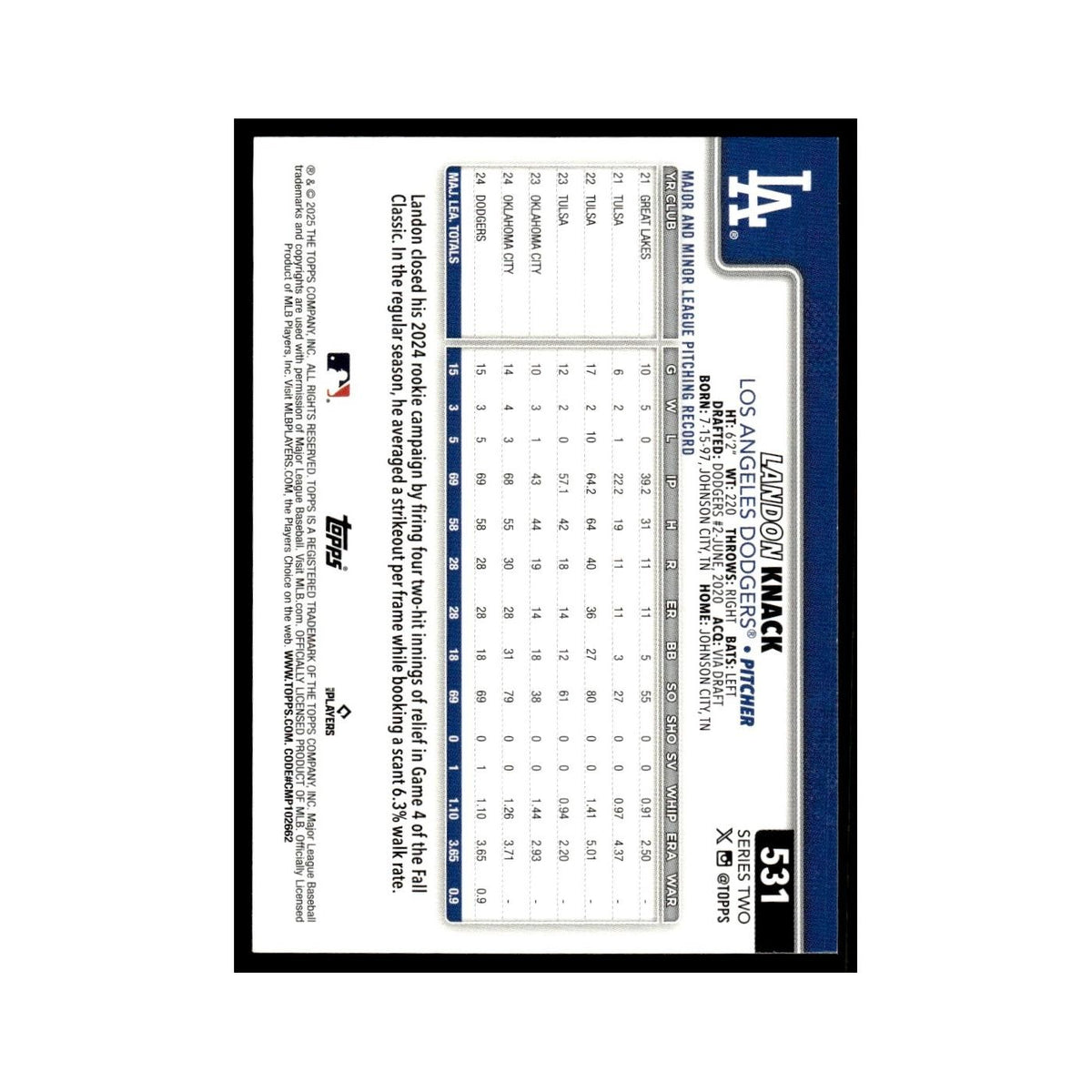 2025 Topps Landon Knack Dodgers #531