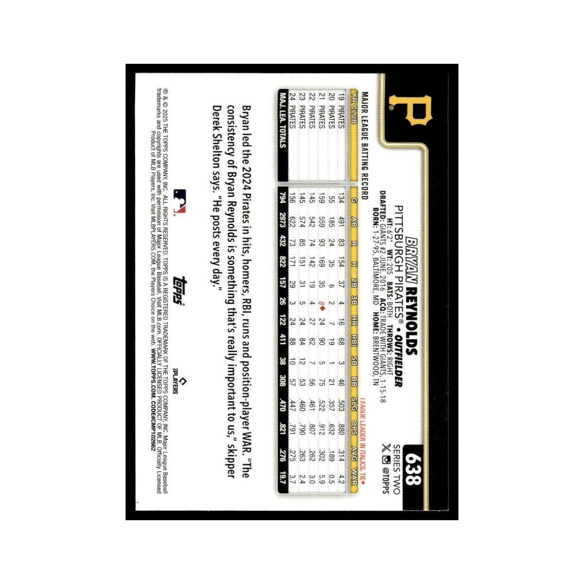 2025 Topps Bryan Reynolds Pirates #638
