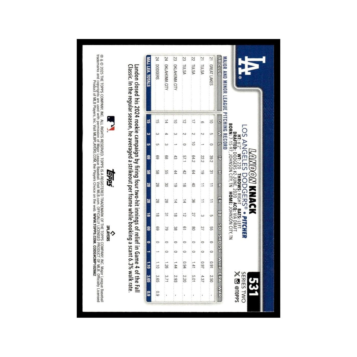 2025 Topps Landon Knack Dodgers #531