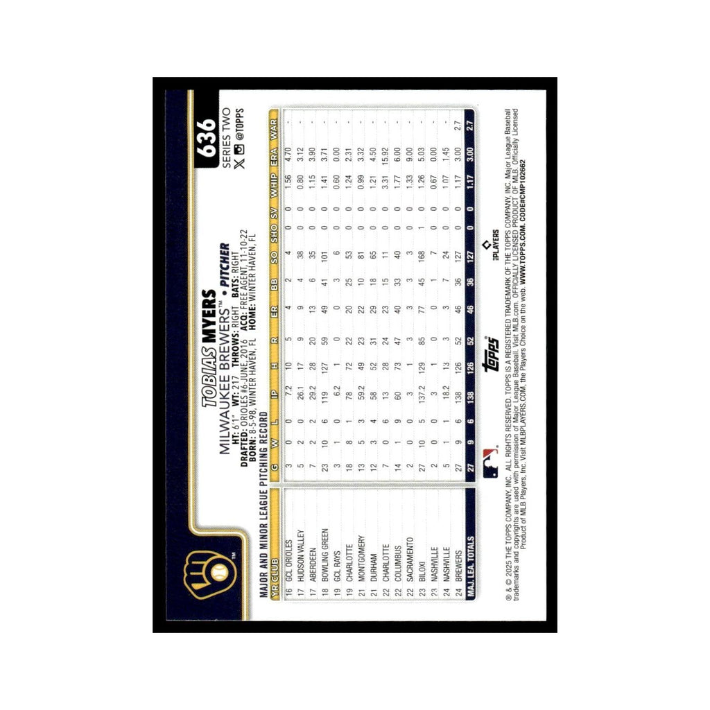 2025 Topps Tobias Myers Brewers #636