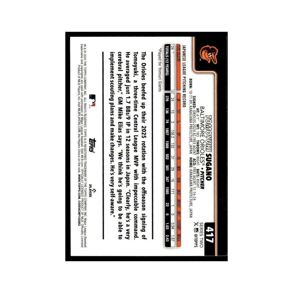 2025 Topps Tomoyuki Sugano RC Orioles #417