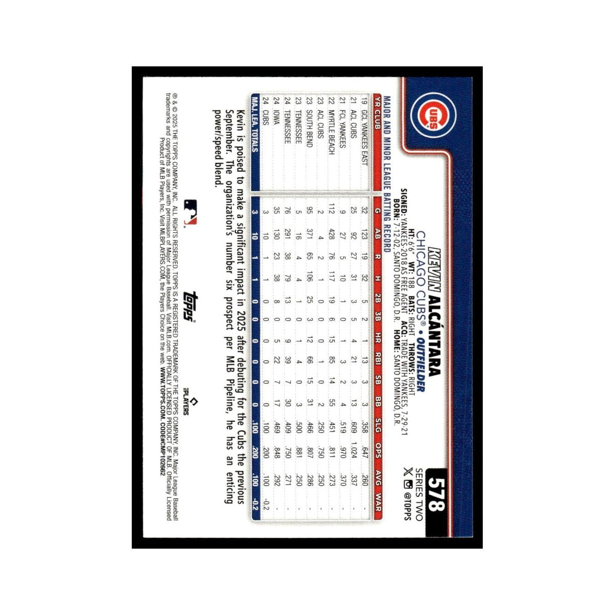 2025 Topps Kevin Alcantara RC Cubs #578