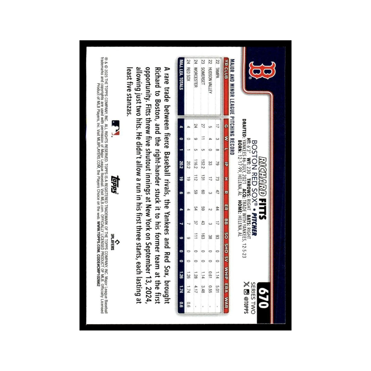 2025 Topps Richard Fitts RC Red Sox #670