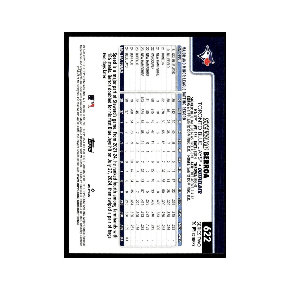 2025 Topps Steward Berroa RC Blue Jays #622