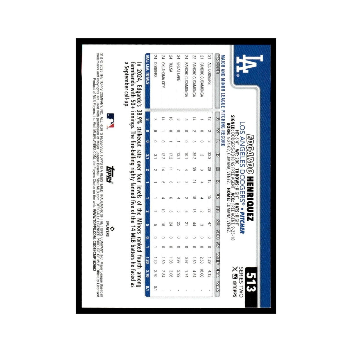 2025 Topps Edgardo Henriquez RC Dodgers #513