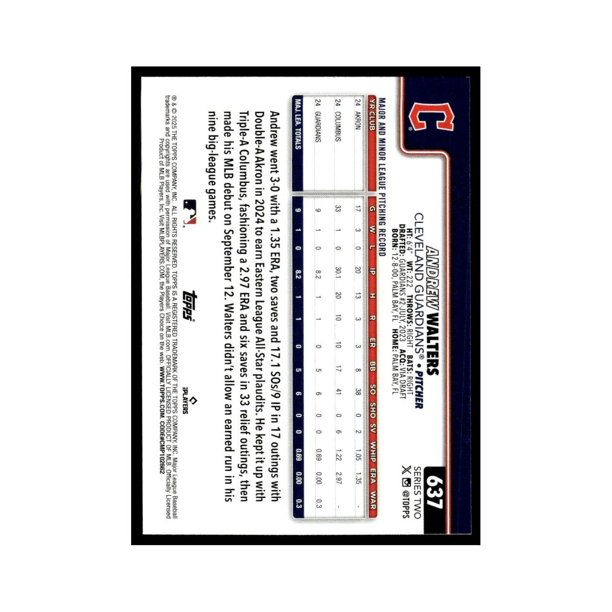 2025 Topps Andrew Walters RC Guardians #637