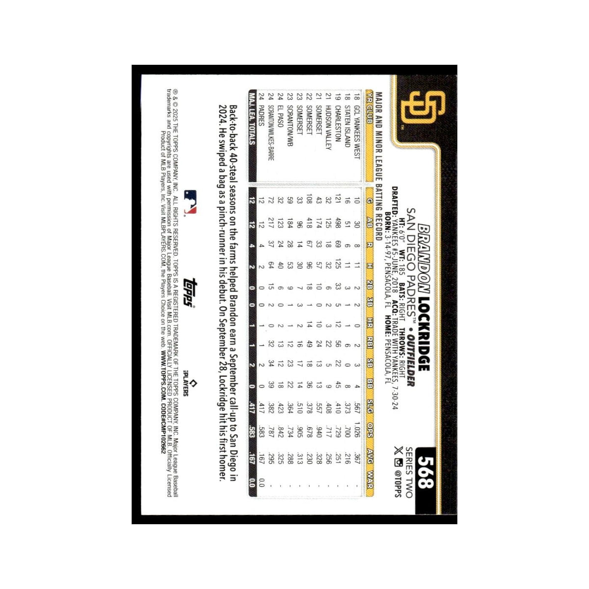 2025 Topps Brandon Lockridge RC Padres #568