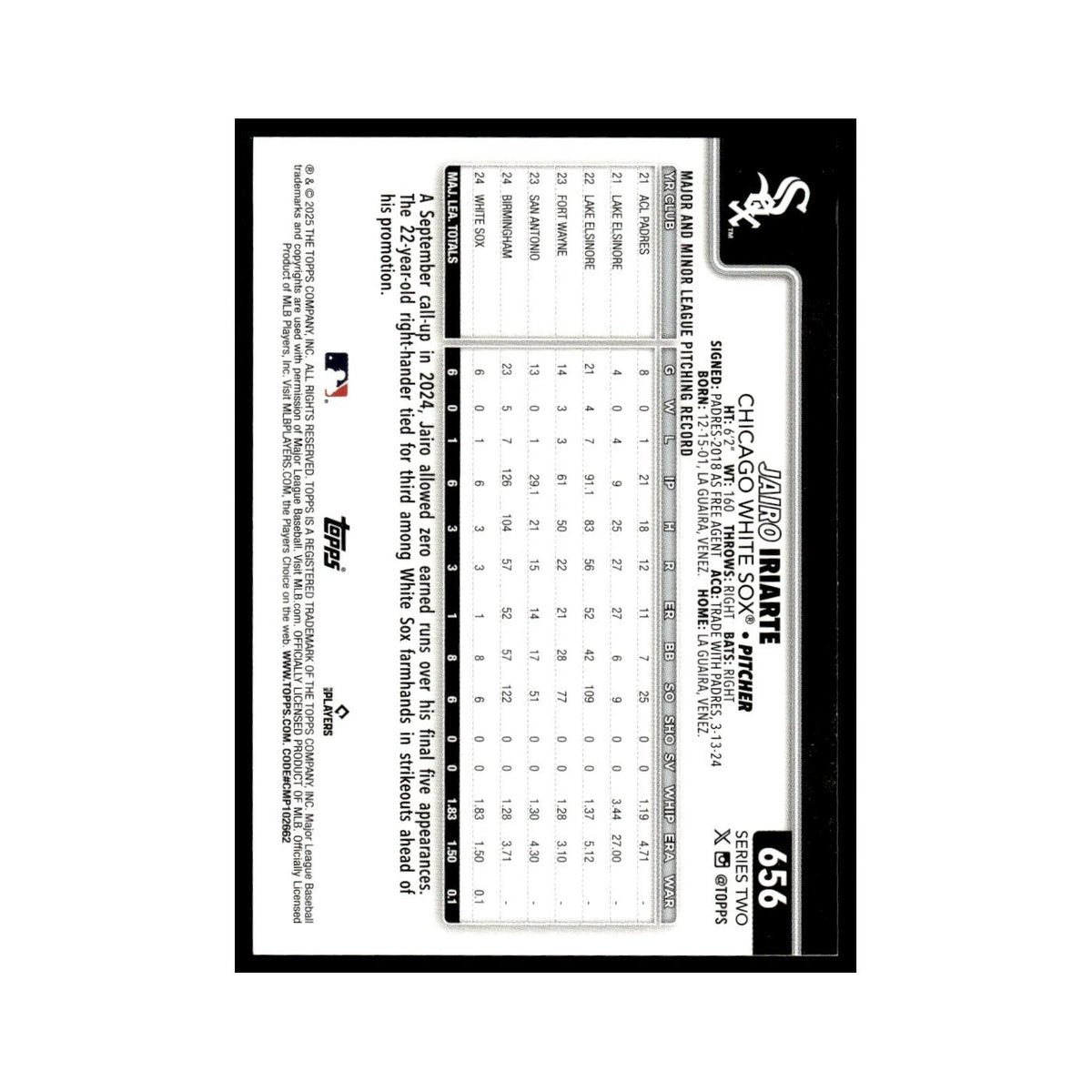 2025 Topps Jairo Iriarte RC White Sox #656