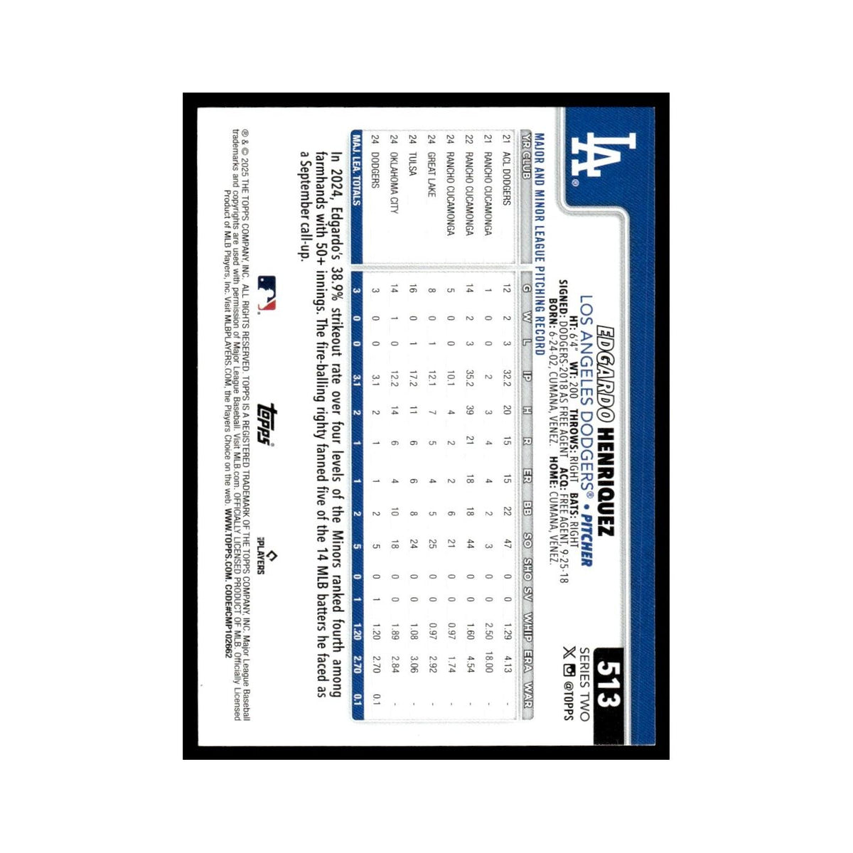 2025 Topps Edgardo Henriquez RC Dodgers #513