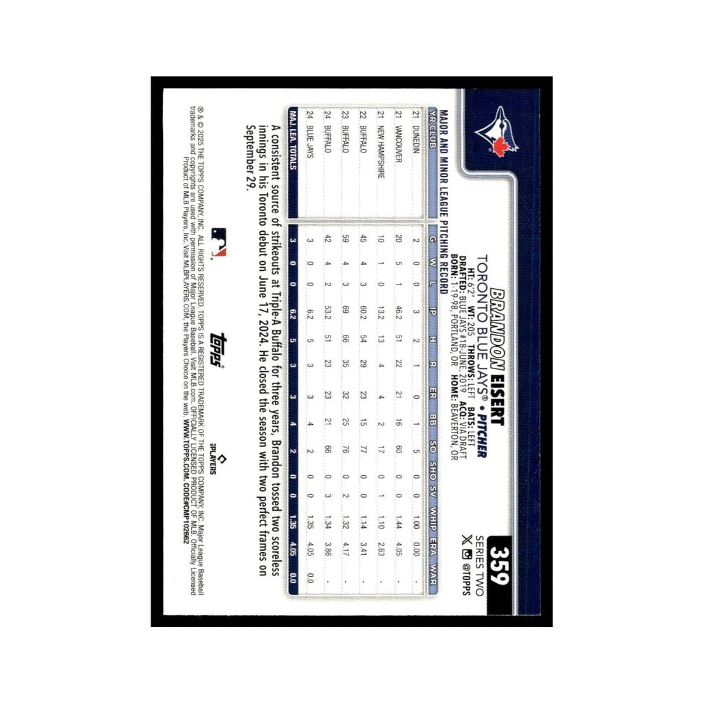2025 Topps Brandon Eisert RC Blue Jays #359