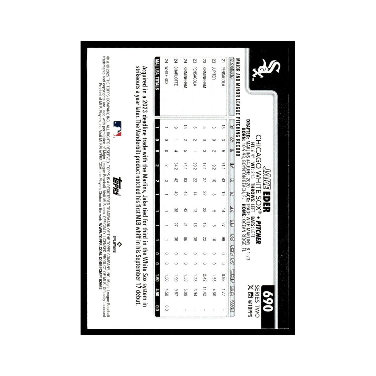 2025 Topps Jake Eder RC White Sox #690