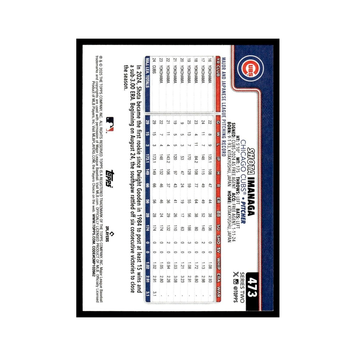 2025 Topps Shota Imanaga Cubs #473