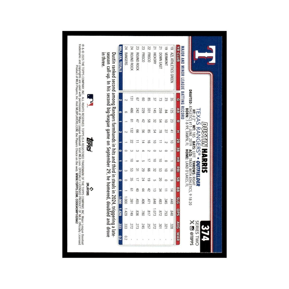 2025 Topps Dustin Harris RC Rangers #374