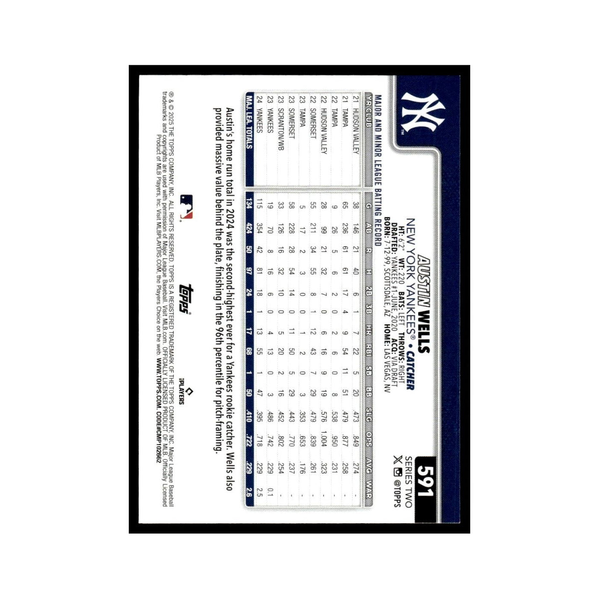 2025 Topps Austin Wells Yankees #591