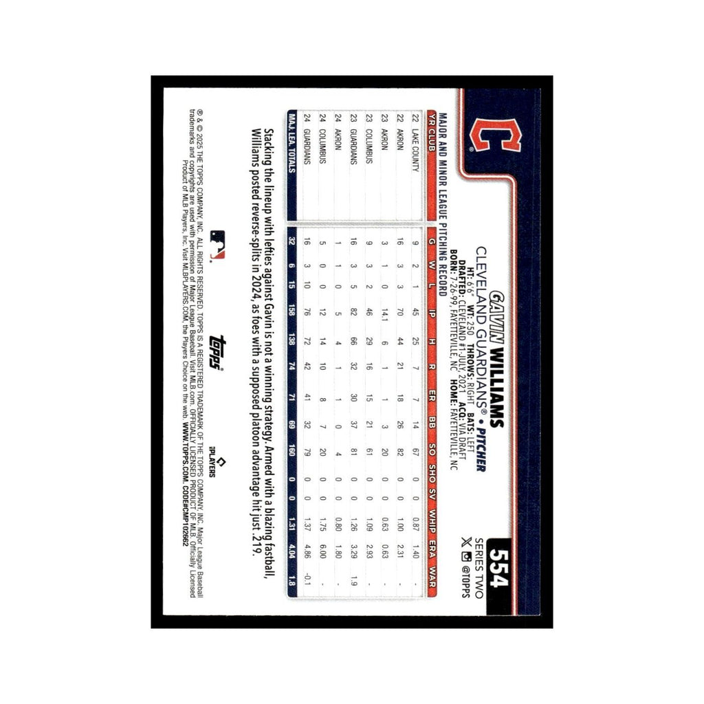 2025 Topps Gavin Williams Guardians #554