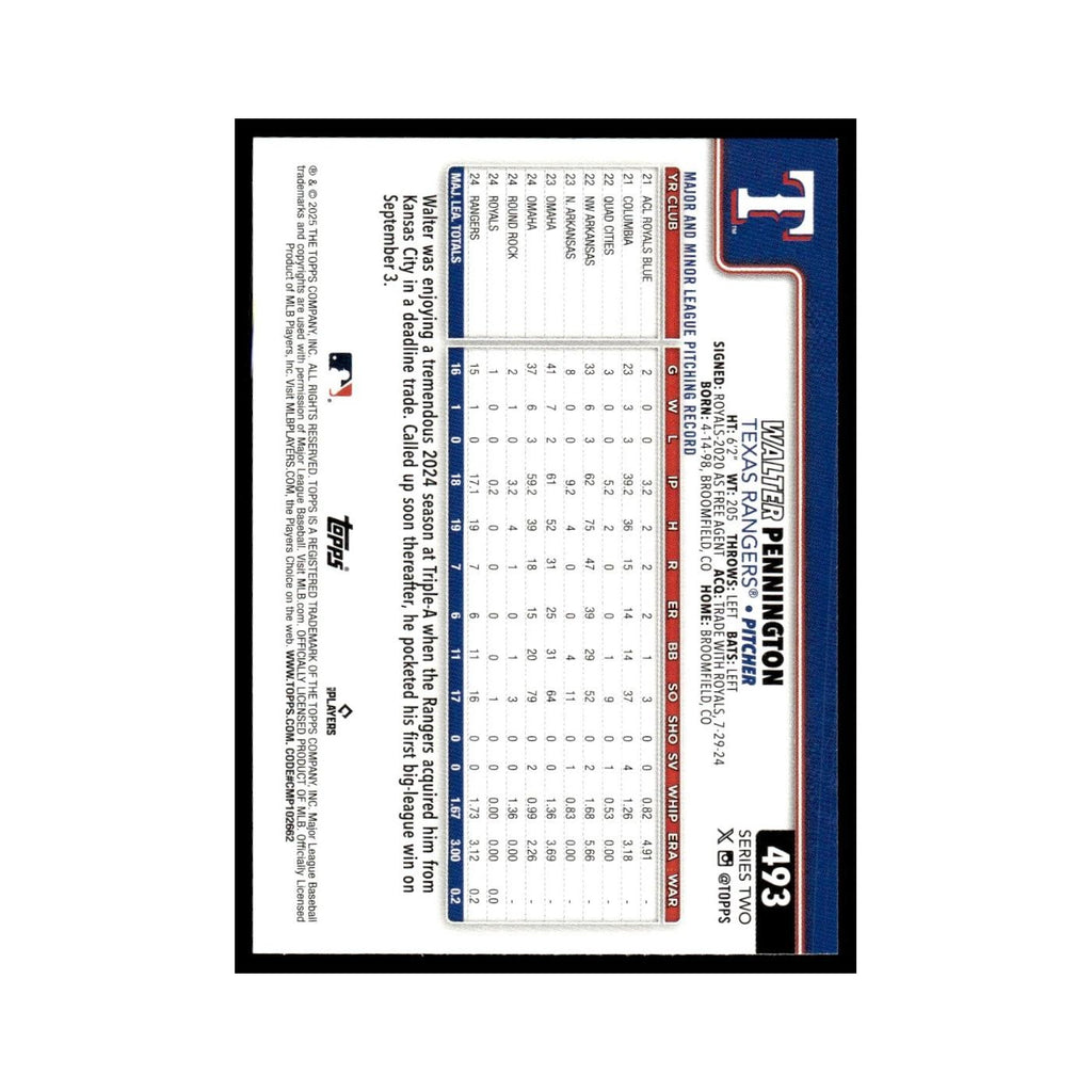 2025 Topps Walter Pennington RC Rangers #493