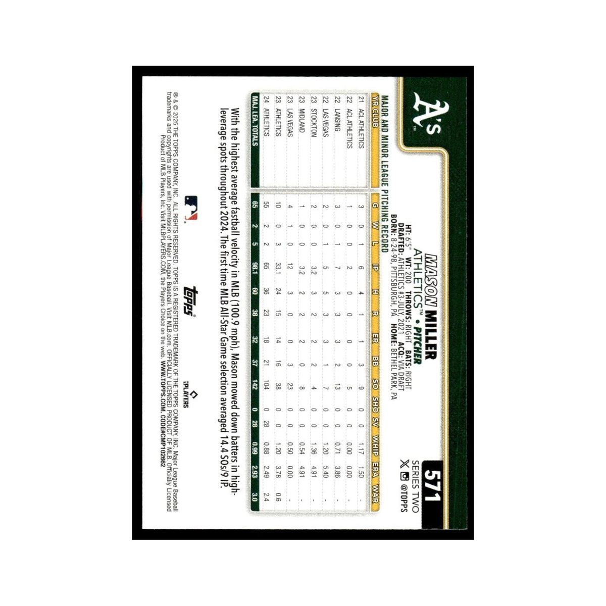 2025 Topps Mason Miller Athletics #571