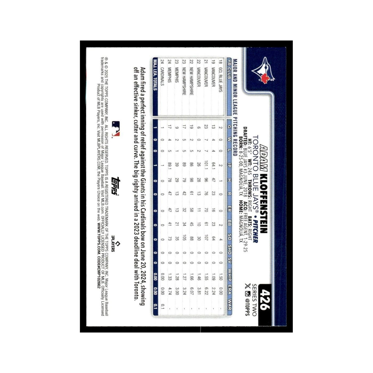 2025 Topps Adam Kloffenstein RC Blue Jays #426
