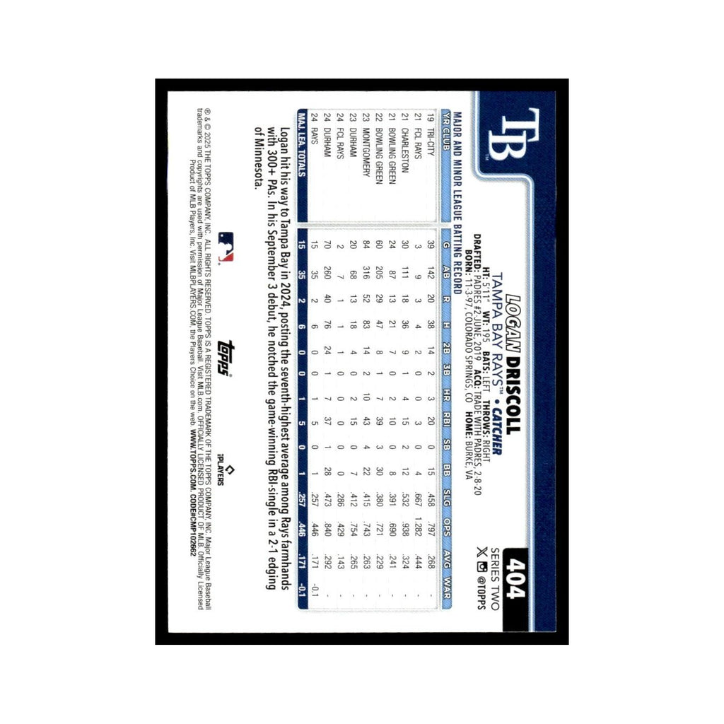 2025 Topps Logan Driscoll RC Rays #404