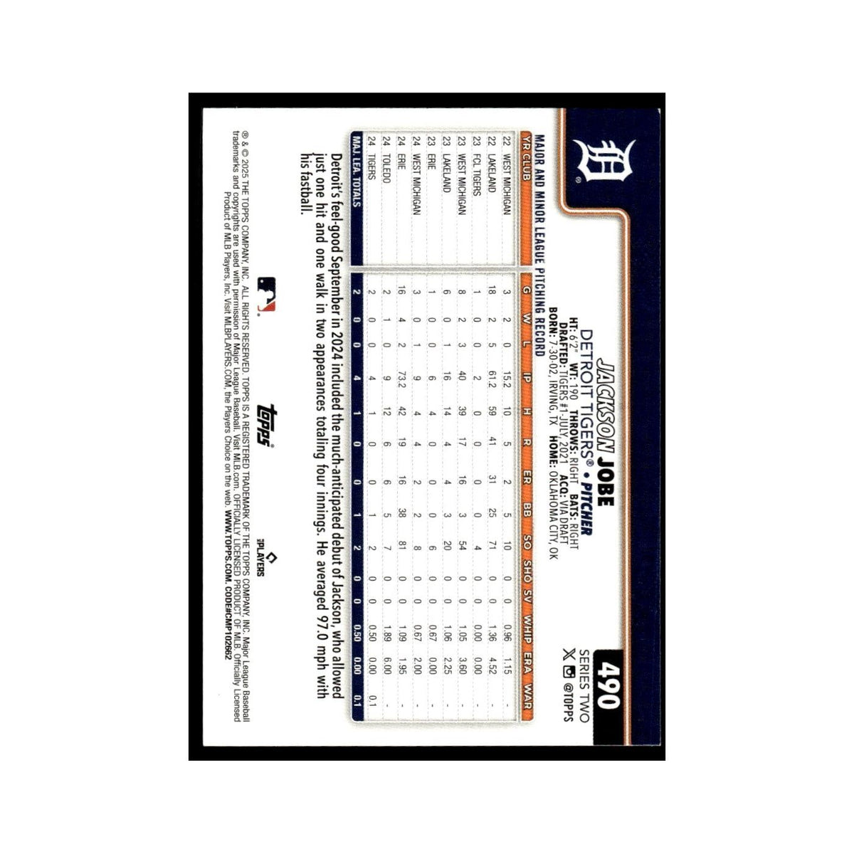 2025 Topps Jackson Jobe RC Tigers #490