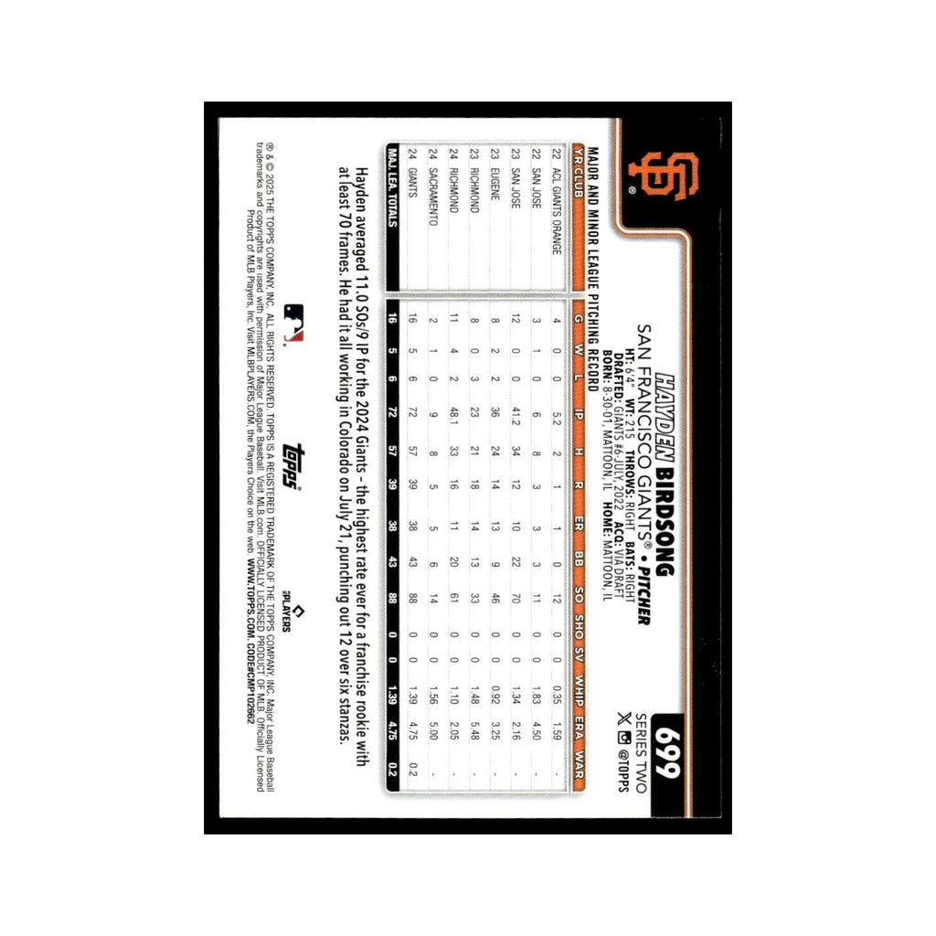 2025 Topps Hayden Birdsong RC Giants #699