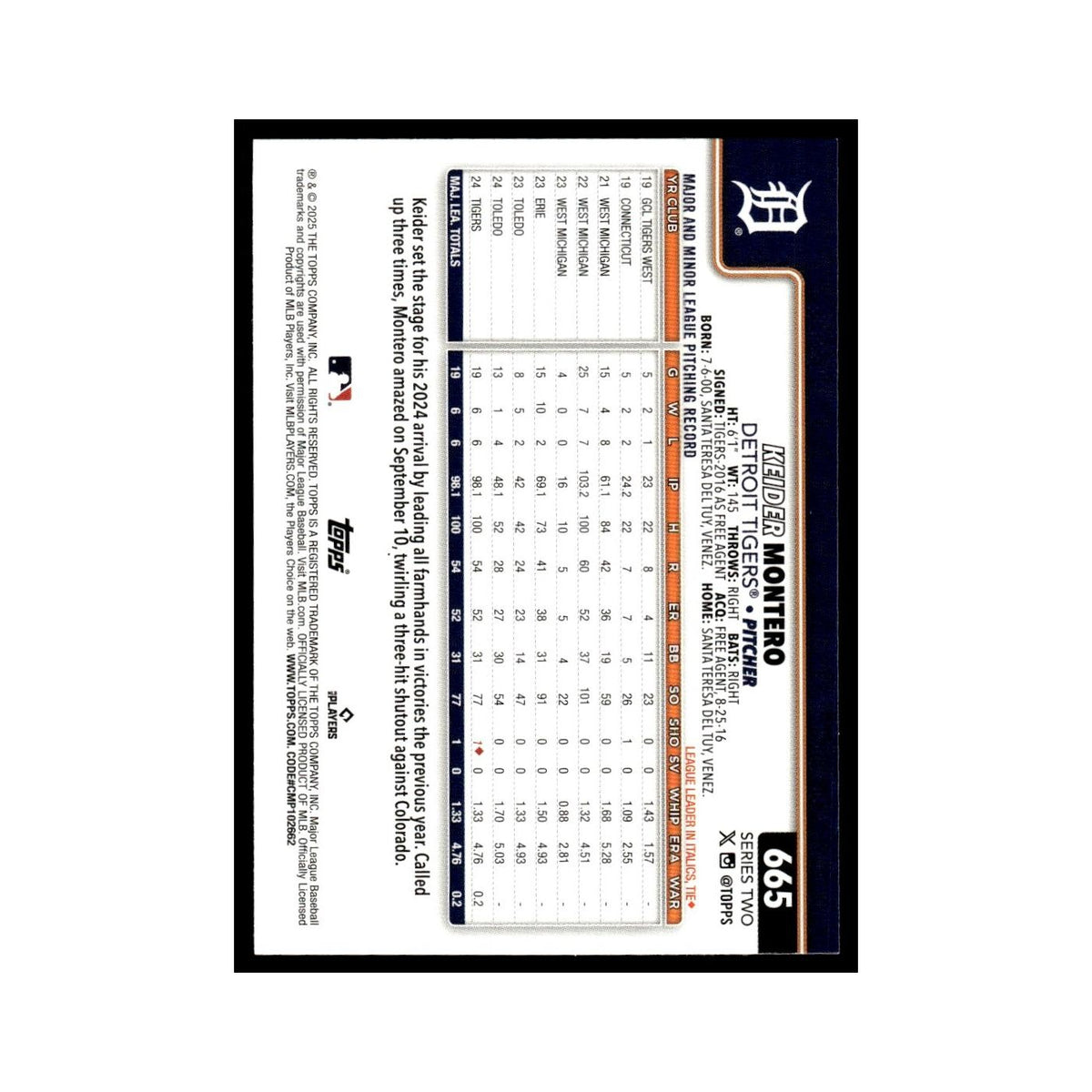 2025 Topps Keider Montero RC Tigers #665