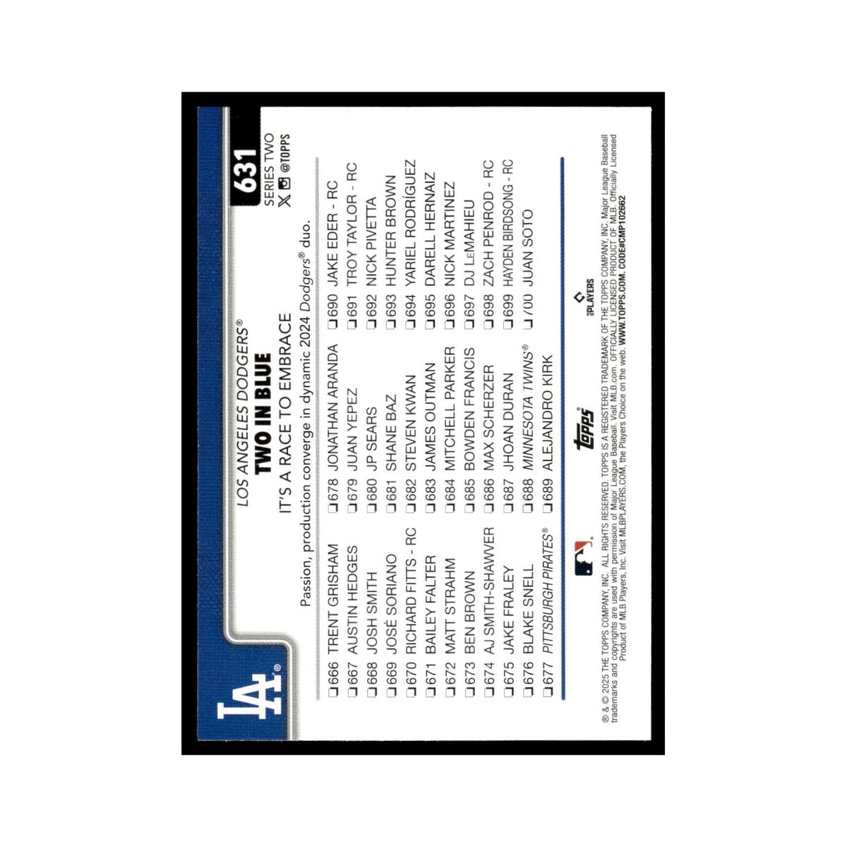 2025 Topps Two in Blue Dodgers #631