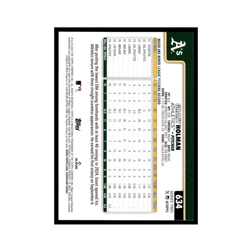 2025 Topps Grant Holman RC Athletics #634