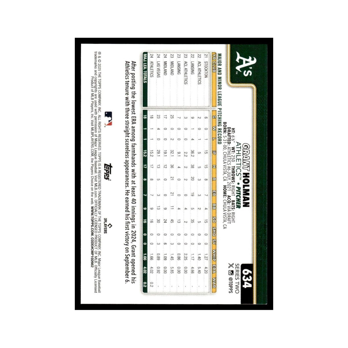 2025 Topps Grant Holman RC Athletics #634
