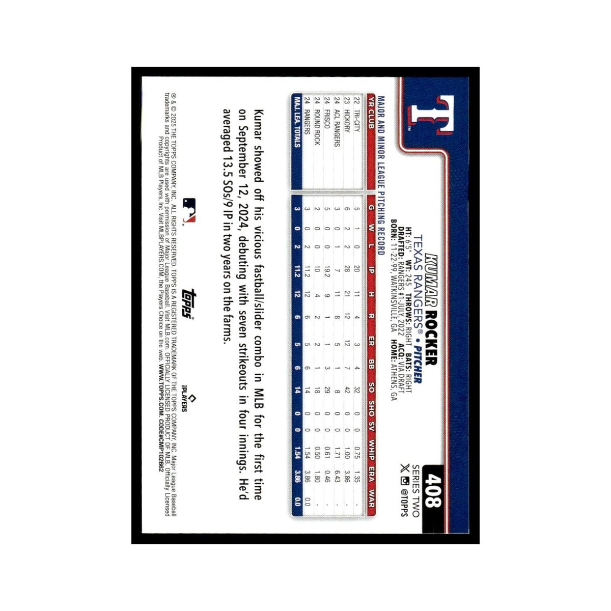 2025 Topps Kumar Rocker RC Rangers #408