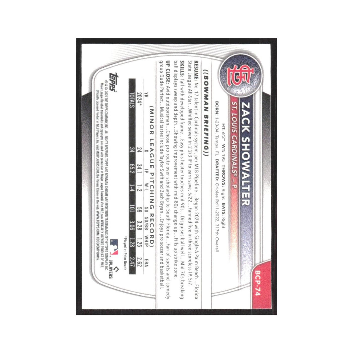 2025 Bowman Chrome Prospects Zack Showalter Cardinals #BCP-74