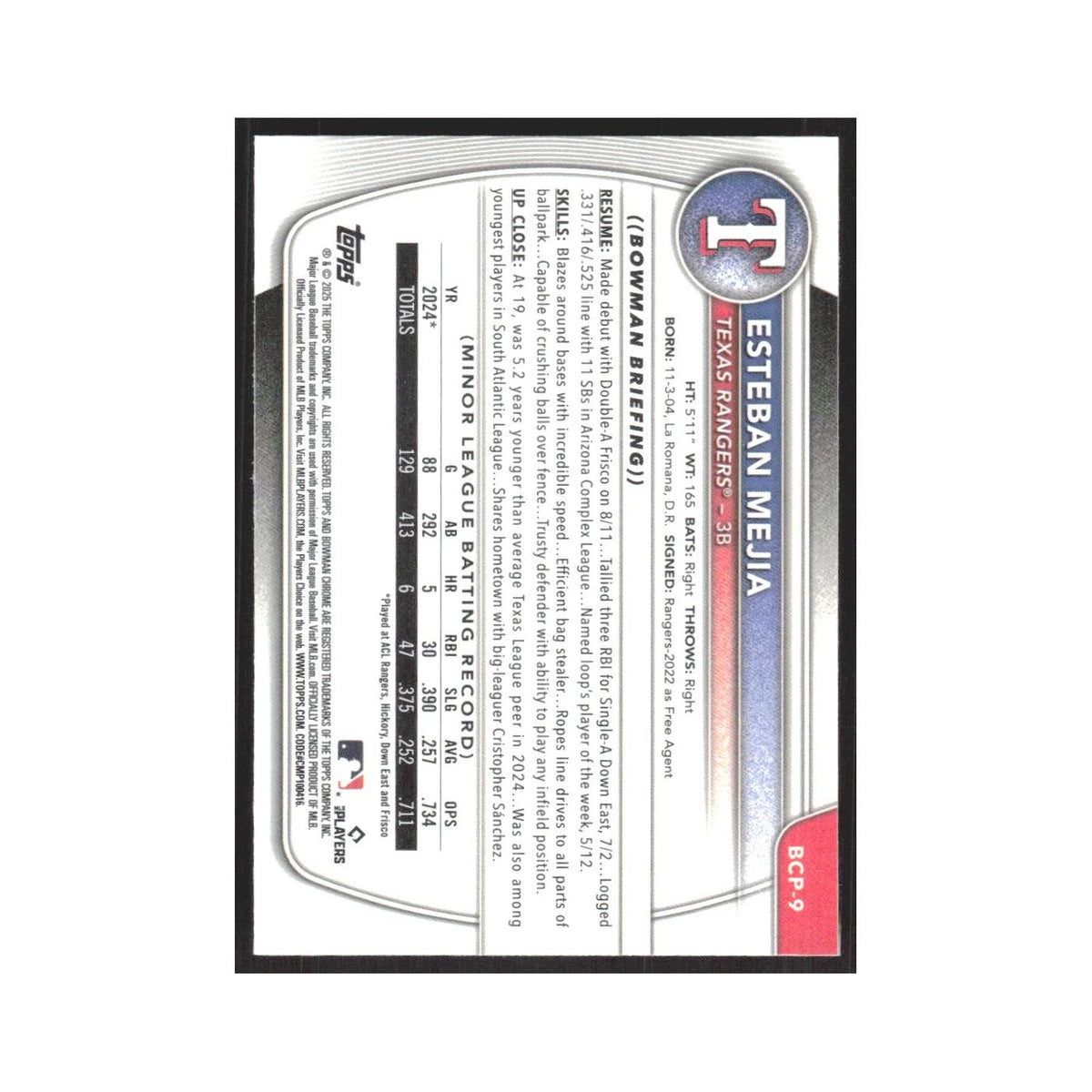 2025 Bowman Chrome Prospects Esteban Mejia Rangers #BCP-9