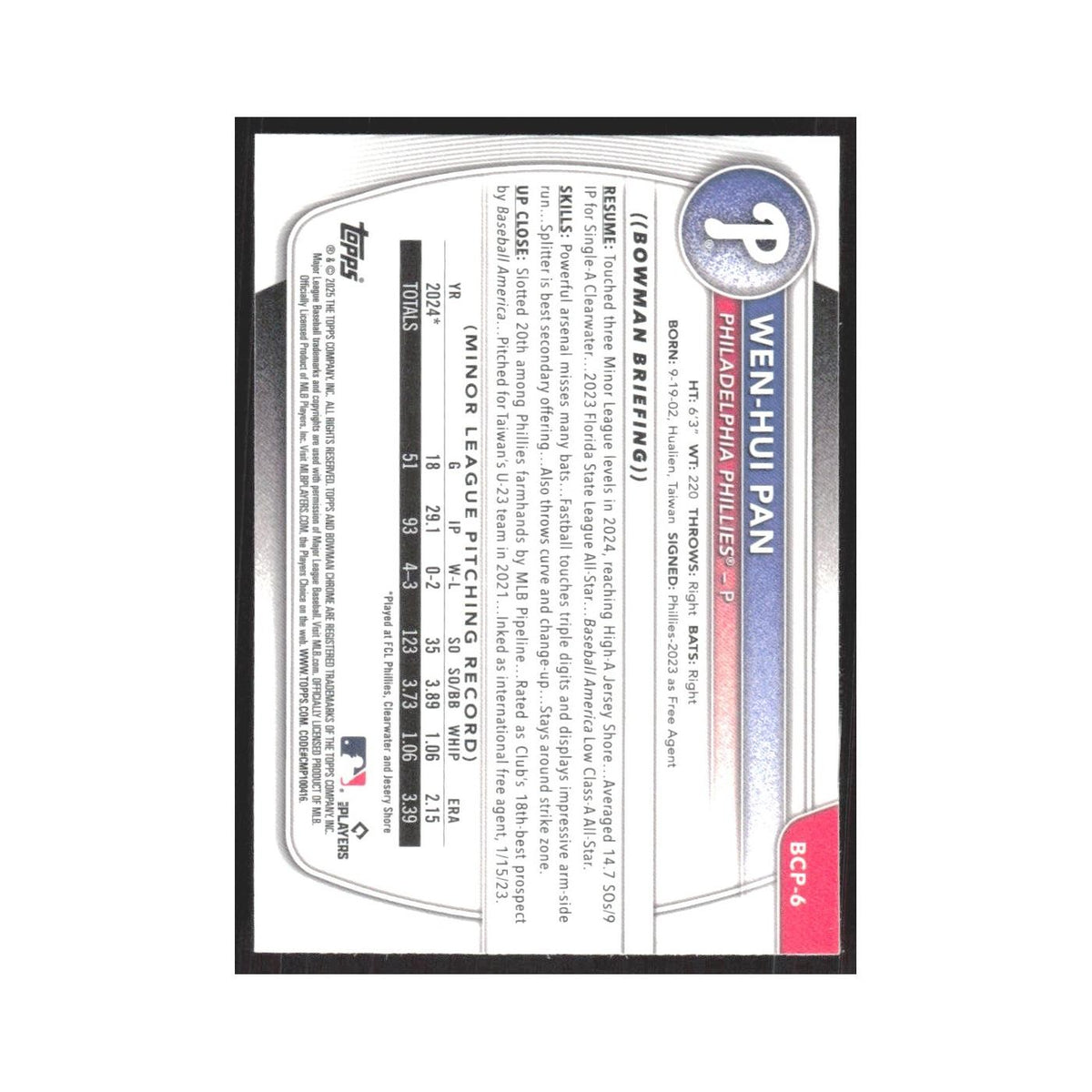 2025 Bowman Chrome Prospects Wen-Hui Pan Phillies #BCP-6