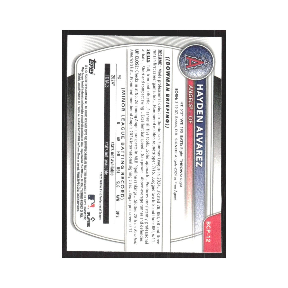 2025 Bowman Chrome Prospects Hayden Alvarez Angels #BCP-12