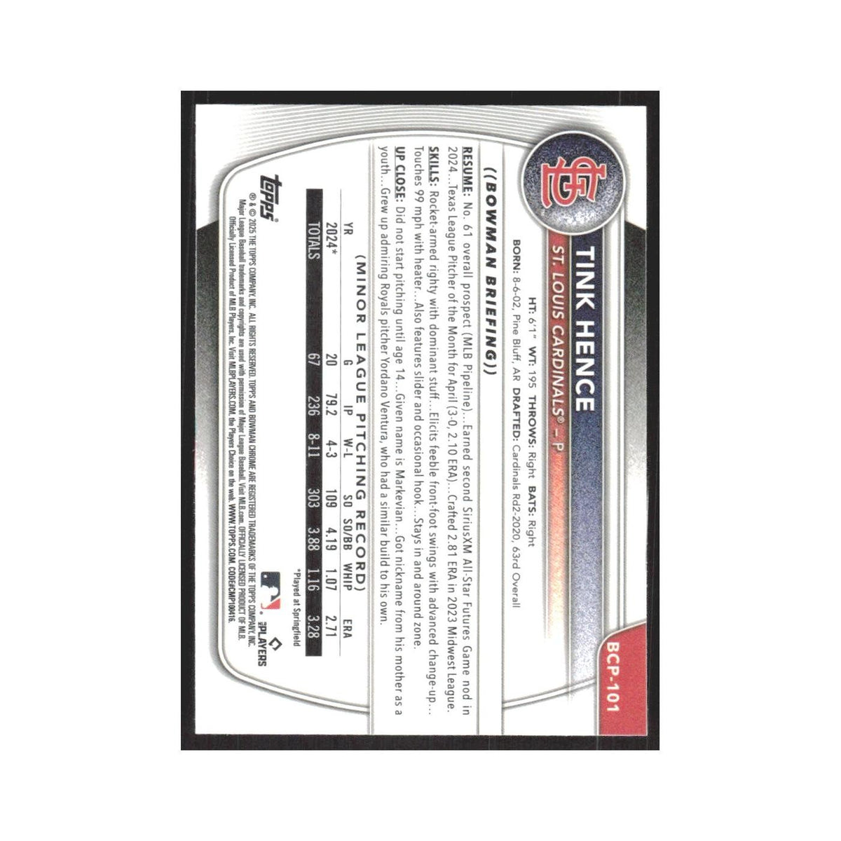 2025 Bowman Chrome Prospects Tink Hence Cardinals #BCP-101