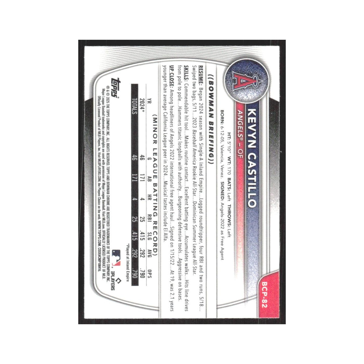 2025 Bowman Chrome Prospects Kevyn Castillo Angels #BCP-82