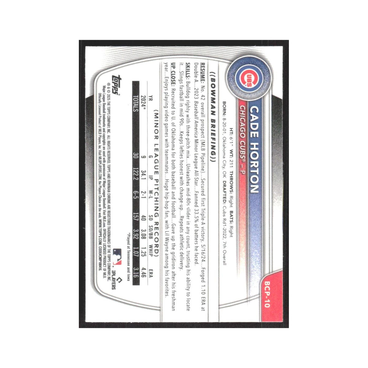 2025 Bowman Chrome Prospects Cade Horton Cubs #BCP-10