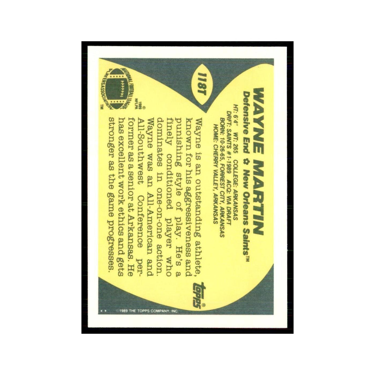 1989 Topps Traded Wayne Martin RC Saints #118T