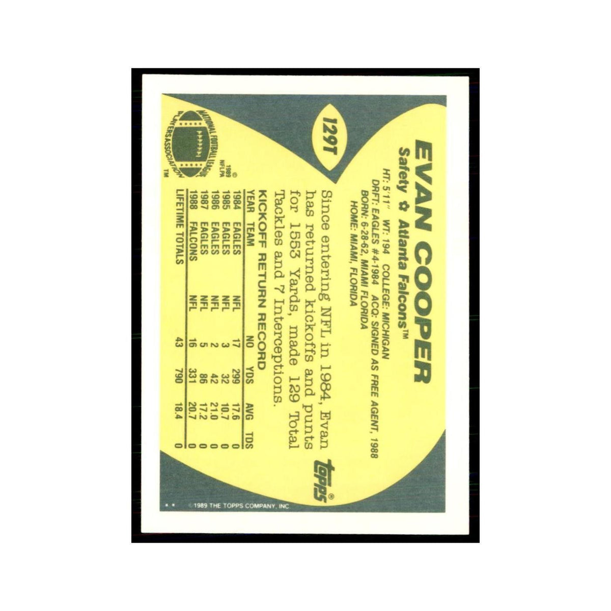 1989 Topps Traded Evan Cooper RC Falcons #129T