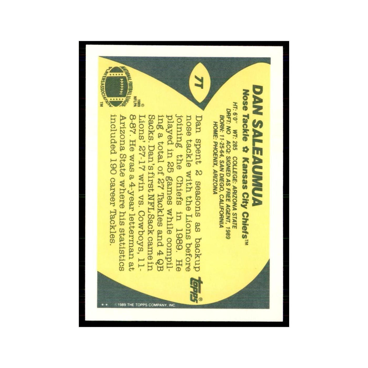 1989 Topps Traded Dan Saleaumua RC Chiefs #7T