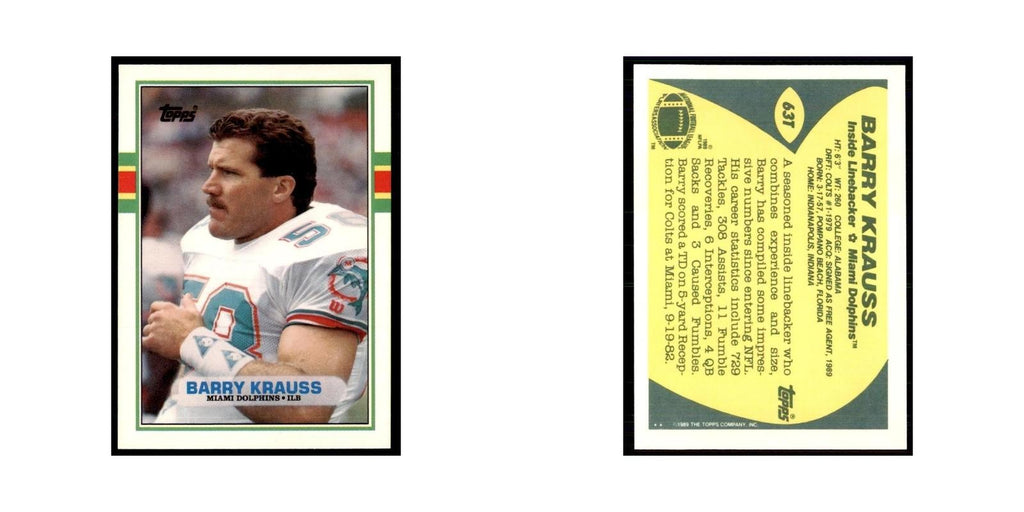 1989 Topps Traded Barry Krauss Dolphins #63T