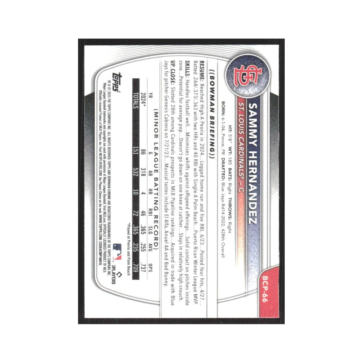 2025 Bowman Chrome Prospects Snakeskin Sammy Hernandez Cardinals #BCP-66