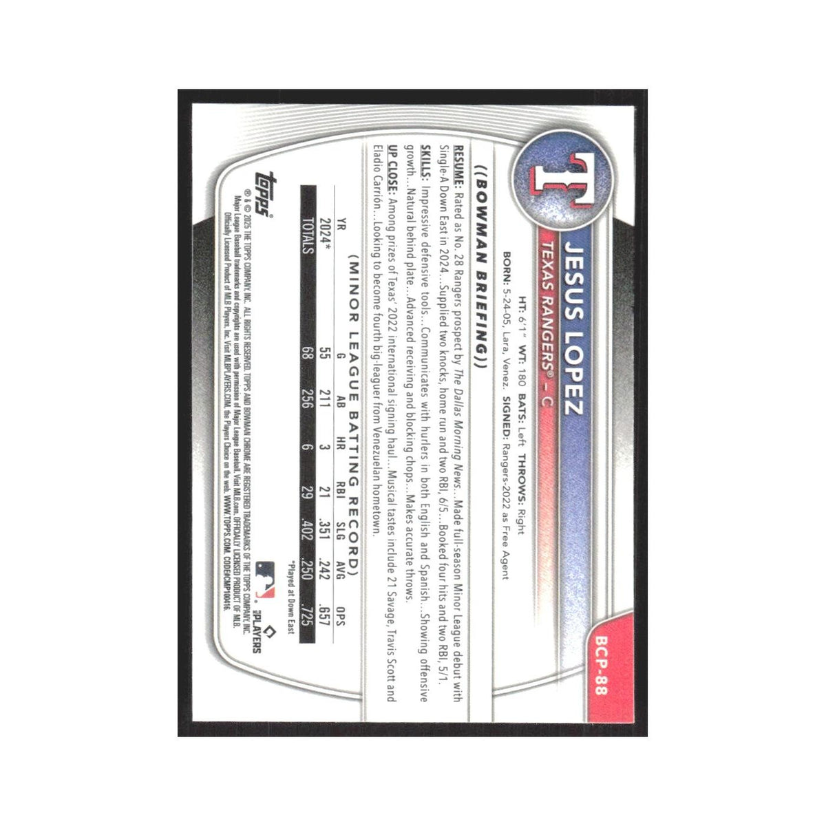 2025 Bowman Chrome Prospects Jesus Lopez Rangers #BCP-88