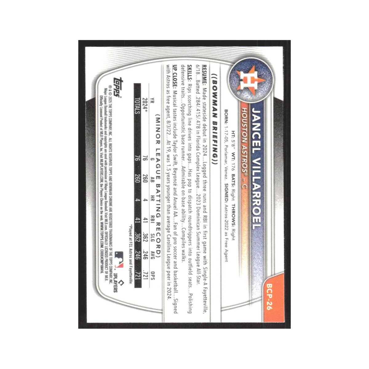 2025 Bowman Chrome Prospects Jancel Villarroel Astros #BCP-26