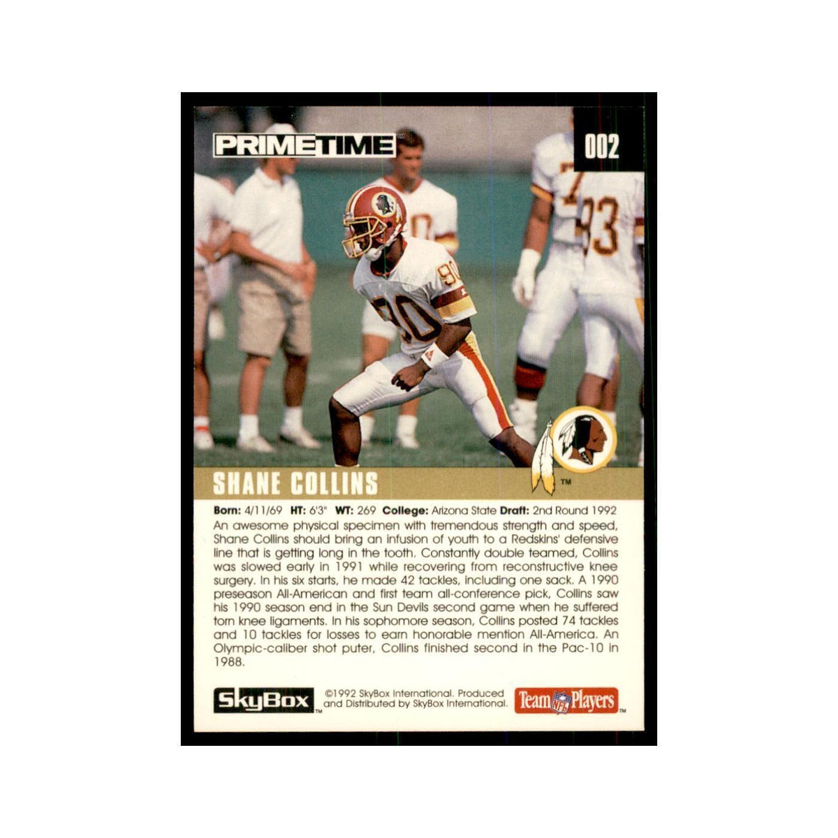 1992 SkyBox Primetime Shane Collins RC Redskins #002