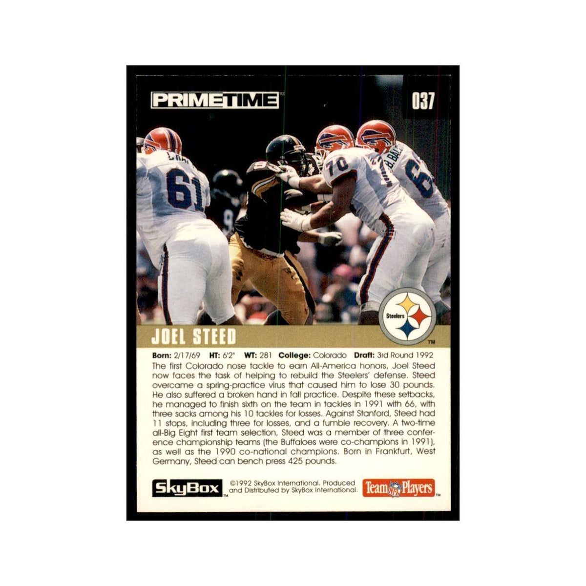 1992 SkyBox Primetime Joel Steed RC Steelers #037