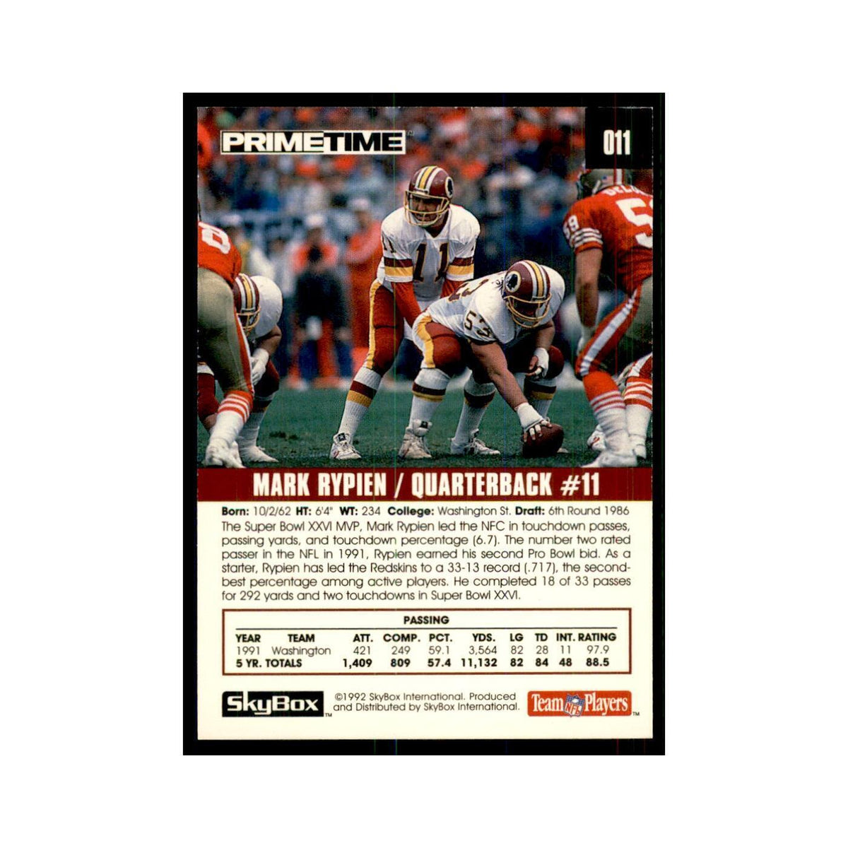 1992 SkyBox Primetime Mark Rypien Redskins #011