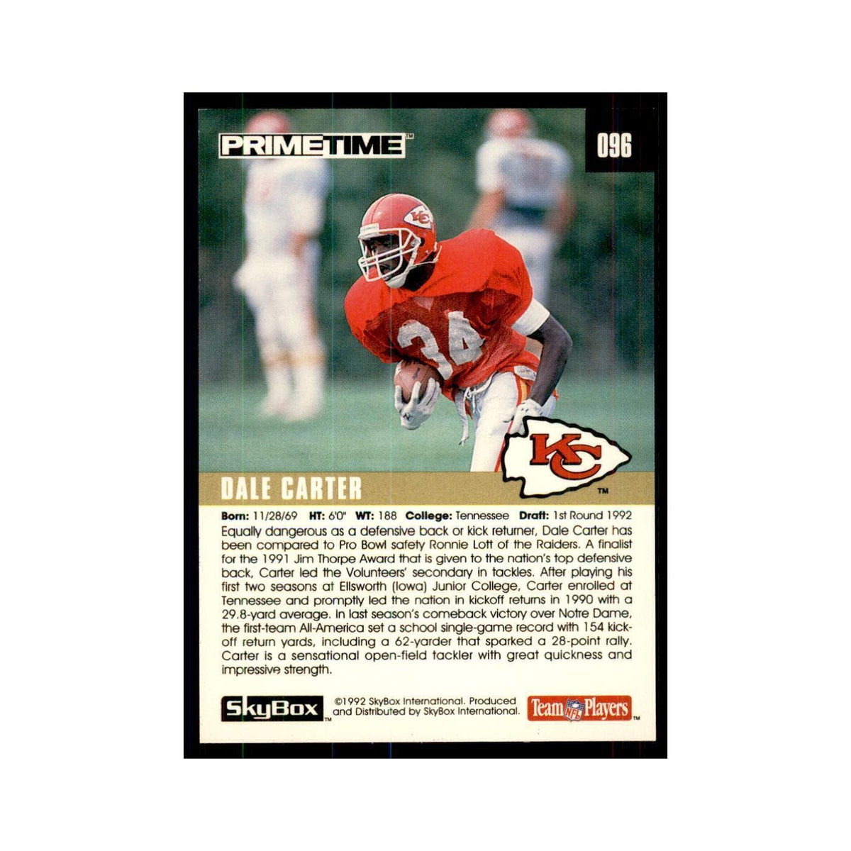 1992 SkyBox Primetime Dale Carter RC Chiefs #096